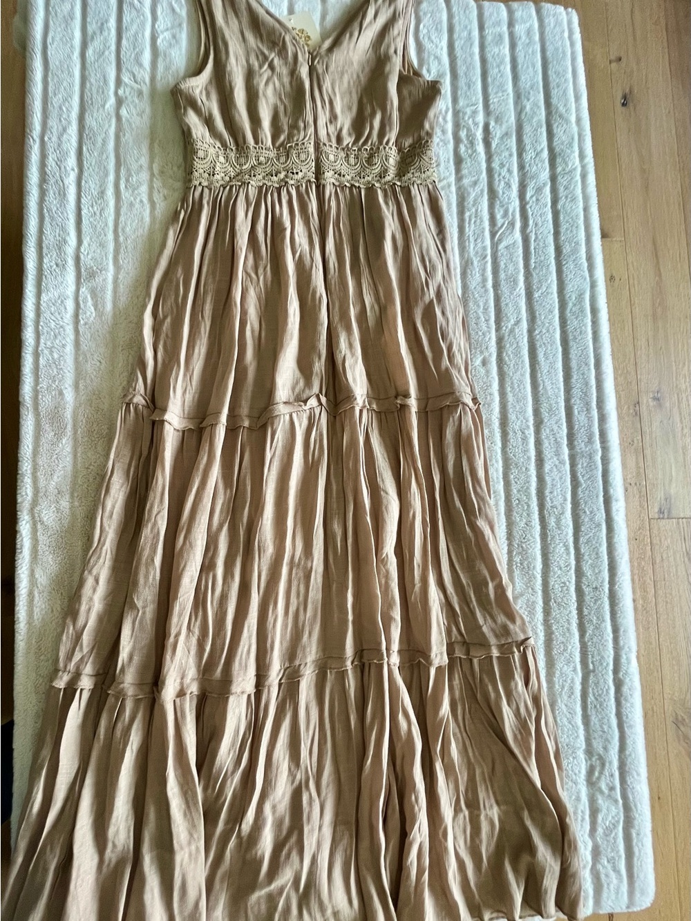 Rebellion Cottagecore Boho Taupe Crochet Lace-Trim Tiered Maxi Dress US M ✨NWT - Picture 11 of 16